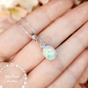 Oval Cabochon White Fire Opal Necklace, 3 carats 8*10 mm Oval Opal Pendant with one Diamond Simulant, October Birthstone Necklace Gift