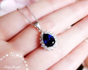 Halo Pear shaped Genuine Lab Grown Royal Blue sapphire necklace, September birthstone pendant, pear cut teardrop sapphire bridal pendant