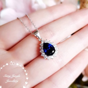 Halo Pear shaped Genuine Lab Grown Royal Blue sapphire necklace, September birthstone pendant, pear cut teardrop sapphire bridal pendant