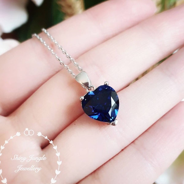 Genuine Lab Grown Heart Shaped Sapphire Necklace, Royal Blue Sapphire Heart Pendant, Blue Heart Statement Necklace September Birthstone Gift