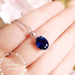 Echte in het lab gekweekte hanger koningsblauwe saffier, eenvoudige ovale saffier solitaire ketting, witgoud verguld zilver, geboortesteen september