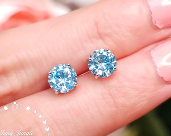 Aquamarine Stud Earrings, 1 Carat 6 mm Simple Sky Blue Gem Stud Earrings, March Birthstone Gift, Simple Blue Bridal Earrings