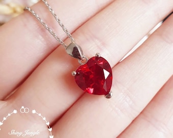 Collier rubis taillé en coeur, pendentif rubis sanguin véritable pigeon cultivé en laboratoire de 10 * 10 mm, cadeau de pierre de naissance de juillet, pendentif solitaire coeur rouge