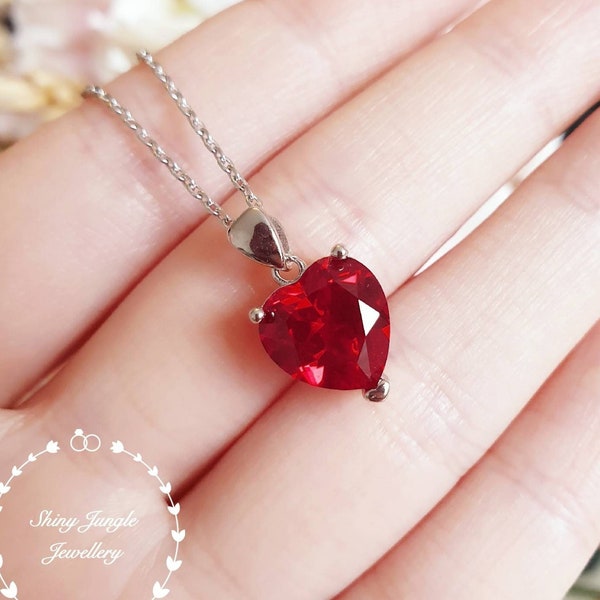 Collier rubis taillé en coeur, pendentif rubis sanguin véritable pigeon cultivé en laboratoire de 10 * 10 mm, cadeau de pierre de naissance de juillet, pendentif solitaire coeur rouge