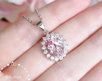 Rare Pastel Blush Pink Genuine Lab Grown Sapphire Halo Necklace, 3 Carats 8*10 Oval Light Padparadscha Sapphire Pendant, Diana Halo Design