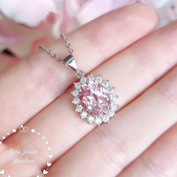 Rare Pastel Blush Pink Genuine Lab Grown Sapphire Halo Necklace, 3 Carats 8*10 Oval Light Padparadscha Sapphire Pendant, Diana Halo Design