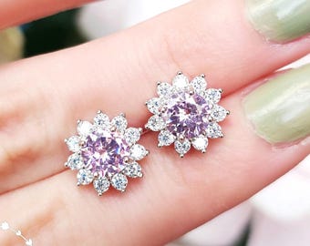 Pink Diamond Stud Earrings, Flower Halo Pink Diamond Simulant Studs, White Gold and Rose Gold Plated Sterling Silver, Birthday Gift with Box