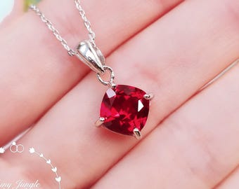 Cushion Cut Diagonal Set Ruby Necklace, 2 Carats Genuine Lab Grown Ruby Pendant, Sterling Silver, July Birthstone Gift
