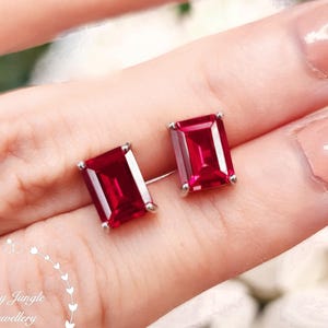 Pigeons Blood Emerald Cut Genuine Lab Grown Ruby Stud Earrings, 2 Carats Rectangular Ruby Studs, Red Bridal Earrings, July Birthstone Gift