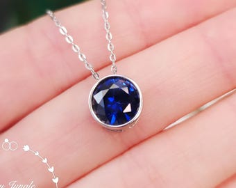 Round Bezel Set Sapphire Pendant, 2 Carats Genuine Lab Grown Royal Blue Sapphire Solitaire Necklace , September Birthstone Gift