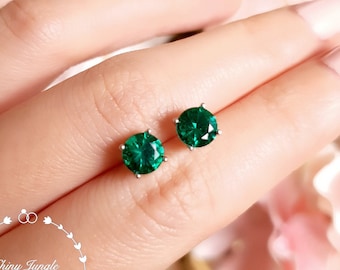 1 carat Round Emerald Stud Earrings, Simple 6mm Round Cut Muzo Green Emerald Earrings, Silver Emerald Earrings, May Birthstone Gift