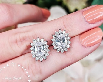 Diana Halo Diamond Stud Earrings, 2 Carats Oval Diamond Simulants Studs, Diamond Cluster Earrings, Bridal Earrings, Birthday Gift with Box