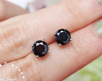 1 carat Round Cut Black Spinel Stud Earrings, 6mm Simple Opaque Black Stud Earrings, Imitation Black Diamond Earrings, Minimalist Earrings