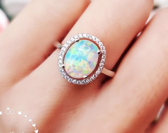 Modern Halo 3 Carats White Opal Engagement Ring, 8*10 mm Fire Opal Cabochon Ring, October Birthstone Gift for Her, Fire Opal Promise Ring