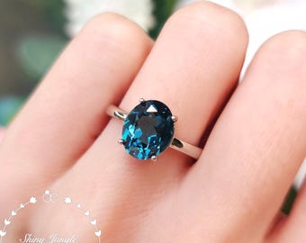 London Blue Topaz Solitaire Engagement Ring, 3 carats 8*10 mm Oval Cut Lab Blue Topaz Promise Ring, December Birthstone Gift
