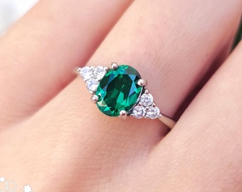 2 Carats Oval Three Stone Emerald Engagement Ring, Sterling Silver, May Birthstone Promise Ring