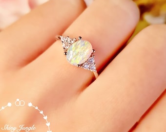 Three Stone Oval Opal Engagement Ring, 6*8 White Fire Opal Cabochon Ring, October Birthstone Promise Ring, Modern Opal Ring, Delicate Ring