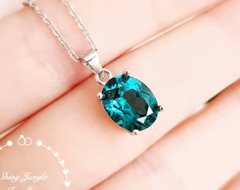 Oval Indicolite Tourmaline Pendant, 3 Carats Teal Tourmaline Necklace with Chain, Bluish Green Gemstone Pendant, October Birthstone Pendant