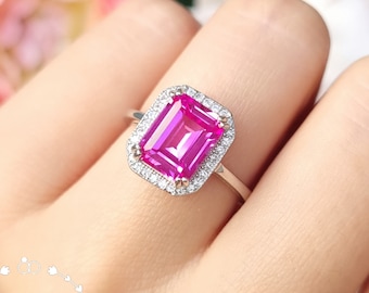 Emerald Cut Pink Sapphire Halo Ring, 3 carats Genuine Lab Grown Hot Pink Sapphire Engagement Ring, September Birthstone Gift