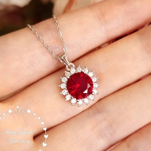 Halo Ruby Necklace, 2 Carats Round Cut Genuine Lab Grown Ruby Pendant, Pigeons&#39; Blood Ruby Pendant, July Birthstone Gift, Red Stone Pendant
