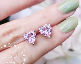 Pink Heart Earrings, Heart Shaped Pink Diamond Studs, 2 Carats Heart Cut Pink Diamond Simulant Studs, Bridal Earrings, April Birthstone Gift