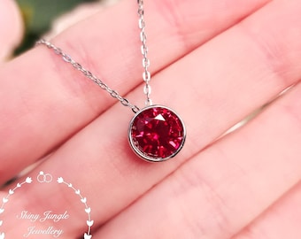 Bezel Set Ruby Solitaire Necklace, 2 Carats Genuine Lab Grown Pigeons Blood Ruby Pendant, Sterling Silver