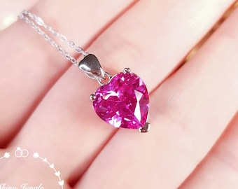 Pink Sapphire Heart Necklace, Heart Cut 3 carats 10*10mm Genuine Lab Grown Pink Sapphire Pendant, September Birthstone gift, Bridal Necklace