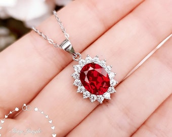 Halo Ruby Necklace, 3 carats 8*10 mm Genuine Lab Grown Pigeons Blood Ruby Halo Pendant Necklace, True Red Ruby, July birthstone Gift