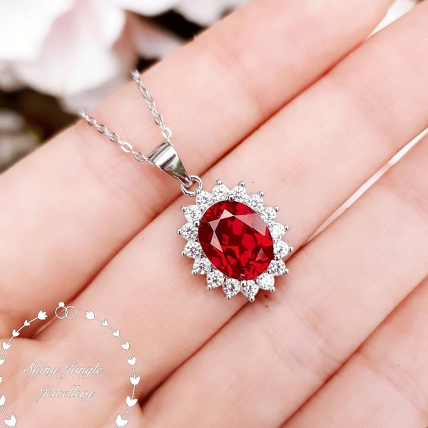 Halo Ruby Necklace, 3 carats 8*10 mm Genuine Lab Grown Pigeons Blood Ruby Halo Pendant Necklace, True Red Ruby, July birthstone Gift