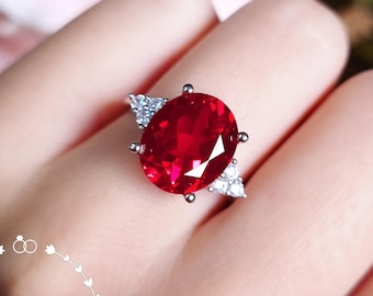 Statement 6 Carats Three Stone Ruby Ring, Oval Genuine Lab Grown Ruby Engagement Ring, July Birthstone Cocktail Ring