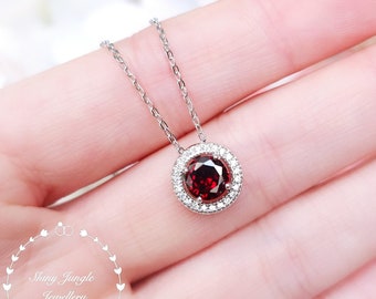 Modern Halo Garnet Pendant, 1 carat 6*6 mm Deep Red Round Cut Garnet Halo Necklace, January Birthstone Pendant, Valentine's Gift For Her