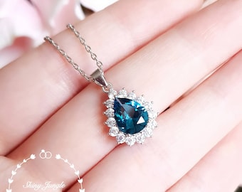 Teardrop London Blue Topaz Pendant, Halo Set 2 cts 7×9mm Pear cut Teal Blue Topaz Necklace, December birthstone Gift, Bridal Pendant