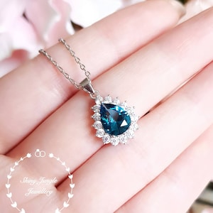 Teardrop London Blue Topaz Pendant, Halo Set 2 cts 7×9mm Pear cut Teal Blue Topaz Necklace, December birthstone Gift, Bridal Pendant