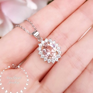 Halo Morganite Necklace, Oval Cut 3 Carats 8*10 mm Morganite Halo pendant, Blush Peachy Pink Morganite Necklace, Bridal Necklace