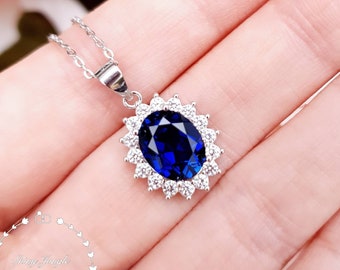 Halo Royal Blue Sapphire Necklace, Genuine Lab Grown 3 carats 8*10 Oval Cut Sapphire, Royal Halo Sapphire Pendant, September Birthstone Gift