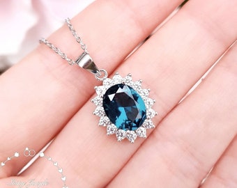 Halo London Blue Topaz Pendant,  Oval Cut 3 cts 8*10 mm London Blue Topaz Necklace, December Birthstone Gift, Blue Gemstone Pendant