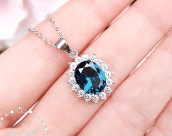 Halo London Blue Topaz Pendant,  Oval Cut 3 cts 8*10 mm London Blue Topaz Necklace, December Birthstone Gift, Blue Gemstone Pendant