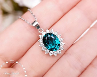 Halo Indicolite Tourmaline Necklace, Oval Cut 3ct 8*10 mm Teal Green Tourmaline Pendant, Peacock Blue Gemstone Pendant, October Birthstone