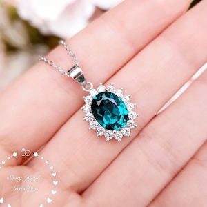 Halo Indicolite Tourmaline Necklace, Oval Cut 3ct 8*10 mm Teal Green Tourmaline Pendant, Peacock Blue Gemstone Pendant, October Birthstone
