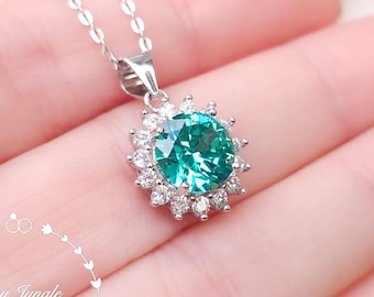 Flower Halo Paraiba Tourmaline Pendant, 2 Carats Bright Teal Solitaire Necklace, Turquoise Gemstone, October Birthstone Gift