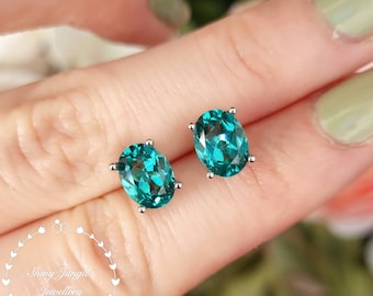 Oval Cut 6*8 mm Indicolite Tourmaline Stud Earrings, Teal Bluish Green Tourmaline Earrings, Teal Bridal Earrings, Simple Tourmaline Earrings