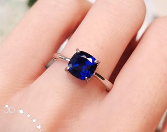 Simple Square Cushion Cut Sapphire Engagement Ring, 1.5 Carat Genuine Lab Grown Royal Blue Sapphire Solitaire, September Birthday Gift
