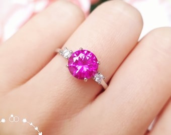 Three Stone Pink Sapphire Ring, 2 Carats 8 mm Round Cut Genuine Lab Grown Pink Sapphire Engagement Ring, September Birthstone Promise Ring
