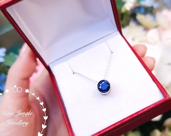 Genuine Lab Grown Royal Blue Sapphire Bezel Set Pendant, 2 Carats Round Solitaire, Sterling Silver