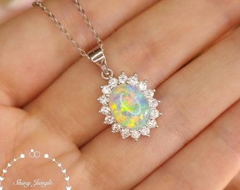 Diana Halo Oval Cut Fire Opal Necklace, 8*10 mm White Opal Cabochon Pendant, October Birthstone Pendant, Modern Opal Statement Necklace