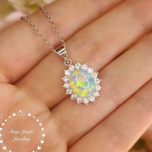 Diana Halo Oval Cut Fire Opal Necklace, 8*10 mm White Opal Cabochon Pendant, October Birthstone Pendant, Modern Opal Statement Necklace