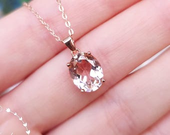 3 Carat Oval Morganite Solitaire Necklace, Simple Pastel Peachy Pink Morganite Pendant