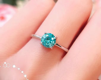 Paraiba Tourmaline Engagement Ring, 1 Carat Round Cut, Simple Sterling Silver Solitaire, October Birthstone Gift