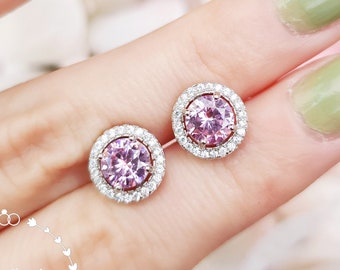Pink Diamond Earrings, Modern Halo 1 Carat Pink Diamond Simulants Studs, April Birthstone Gift with Box
