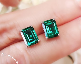 2 carats Emerald Cut Emerald Stud Earrings, Simple 6*8 mm Rectangular Muzo Green Emerald Earrings, Silver Emerald Studs, May Birthstone Gift